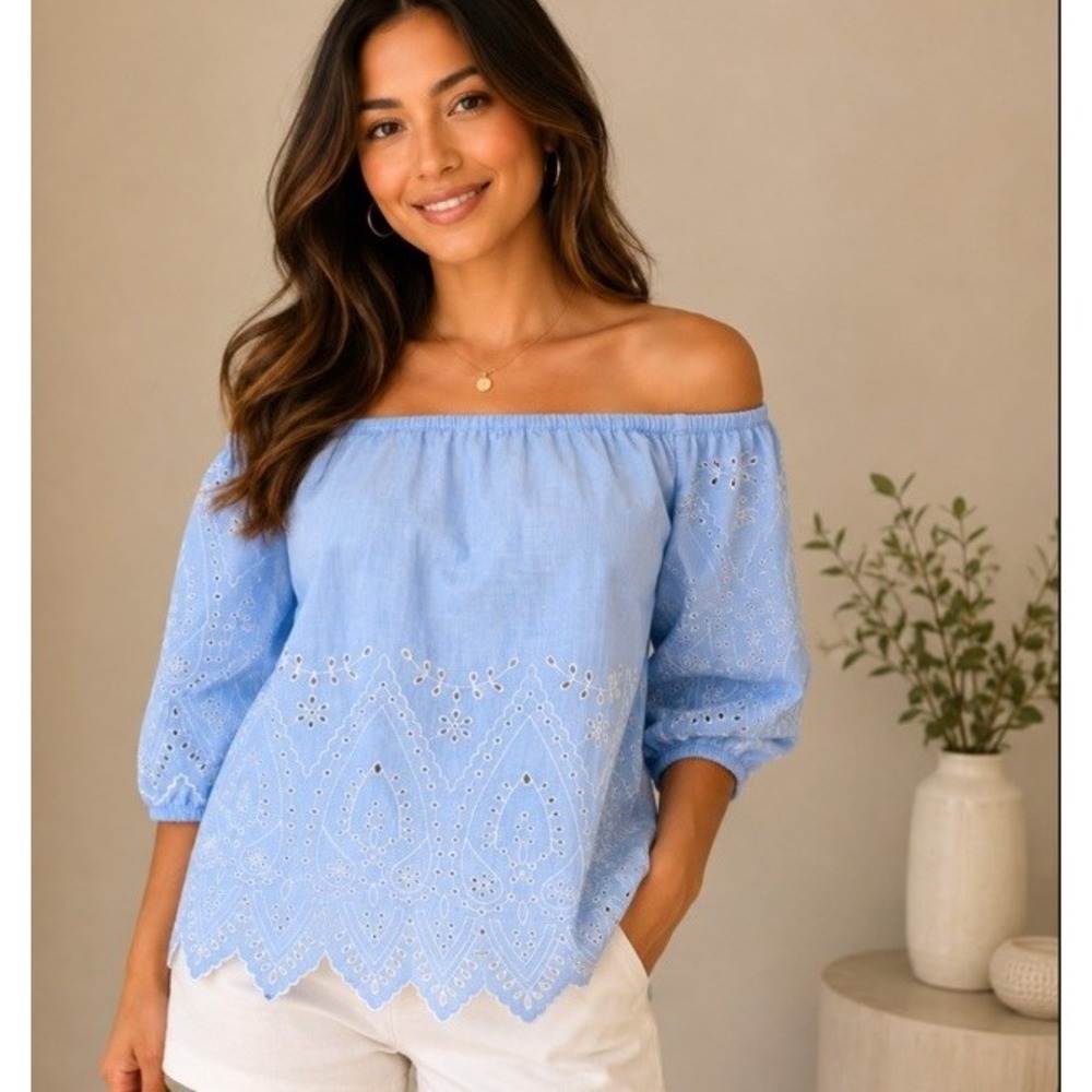 Gap Eyelet Off Shoulder Cotton Blouse Top XS Baby Blue Embroidered Boho Coastal